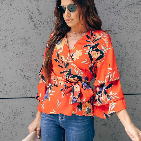 Aakaa Tops - NWT Aakaa Satin Wildflower Tier Sleeve Wrap Blouse